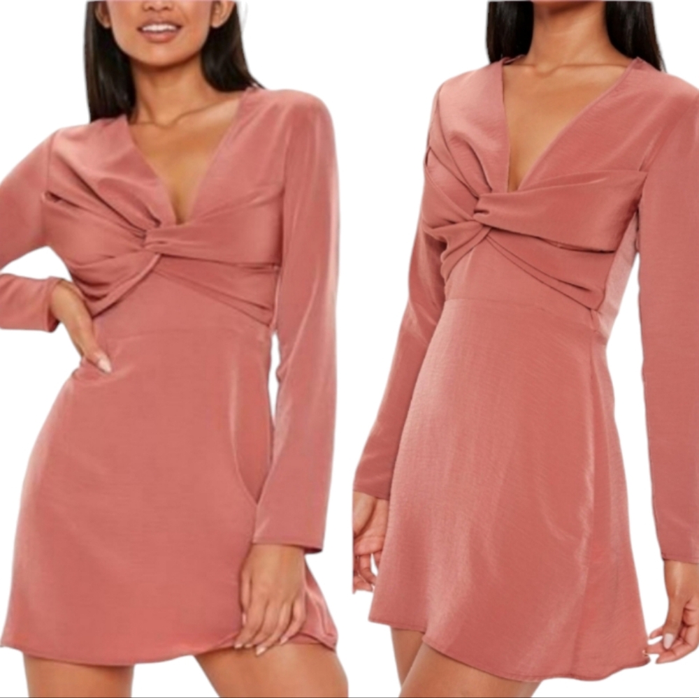 Missguided Rust Twisted Knot Mini Dress Rust V-neck Long Sleeves Size 4